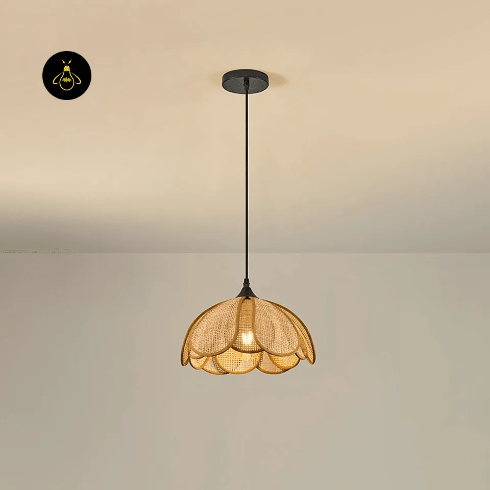 Rattan Flower Pendant Light – Handwoven Bloom Shade, 30 cm 2 Lit rattan flower pendant light glowing warm through its woven cane bloom shade