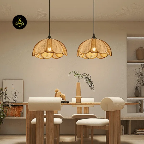 Two rattan flower pendant lights glowing over a wooden dining table