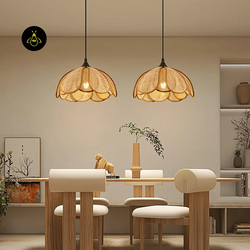 Rattan Flower Pendant Light – Handwoven Bloom Shade, 30 cm 5 Pair of rattan flower pendant lights hanging over a dining table
