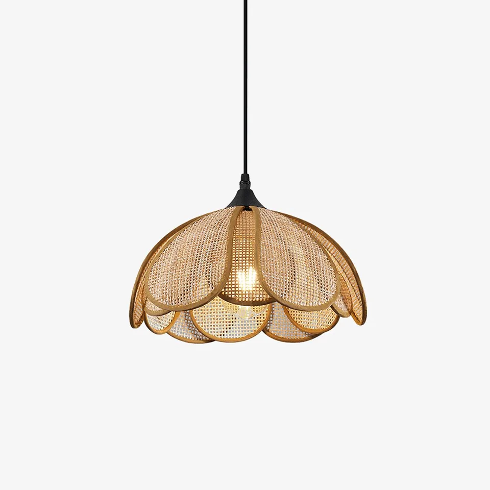 Rattan flower pendant light with handwoven cane bloom shade for dining rooms
