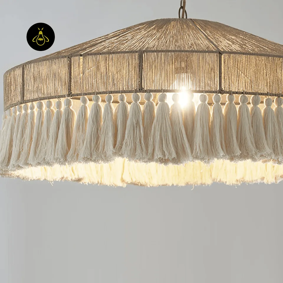 Fringe Pendant Light | 80 cm Handwoven Hemp Rope & Tassel Boho Pendant 4 Ivory cotton tassel fringe detail on a bohemian hemp rope pendant light