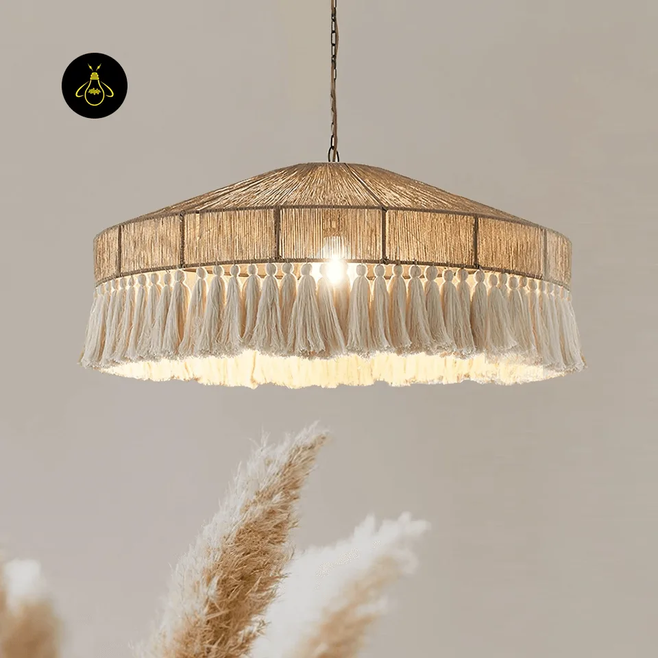 Fringe Pendant Light | 80 cm Handwoven Hemp Rope & Tassel Boho Pendant 5 Fringe pendant light glowing warm above a boho dining setting