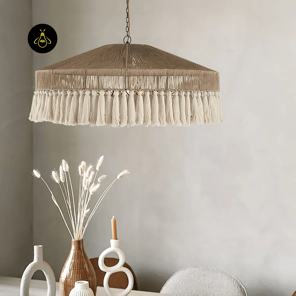 Fringe Pendant Light | 80 cm Handwoven Hemp Rope & Tassel Boho Pendant 6 Boho hemp rope fringe pendant light above a dining console for living spaces