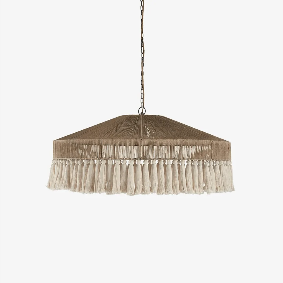 Fringe pendant light in handwoven hemp rope with ivory cotton tassels for the dining room