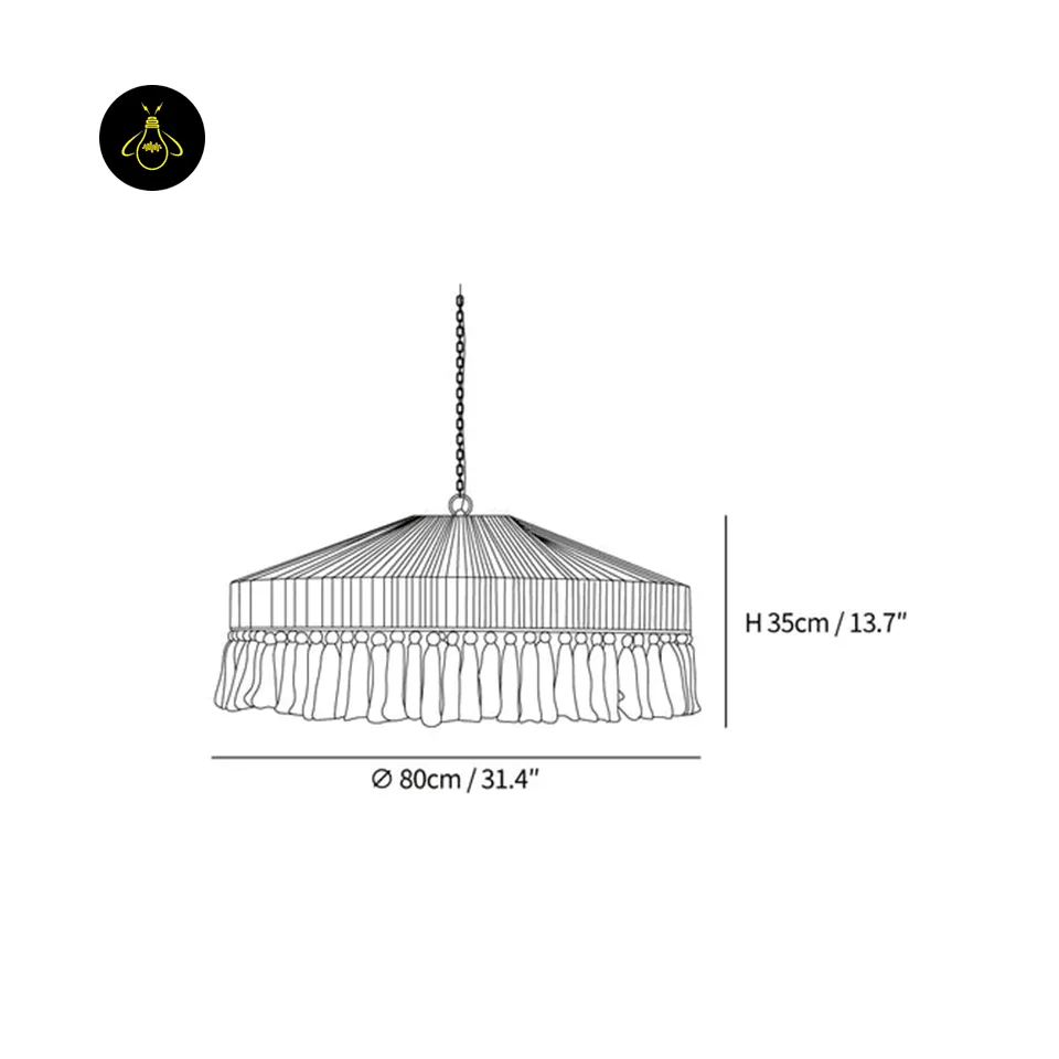 Fringe Pendant Light | 80 cm Handwoven Hemp Rope & Tassel Boho Pendant 7 Fringe pendant light dimensions, 80 cm diameter and 35 cm height, technical drawing