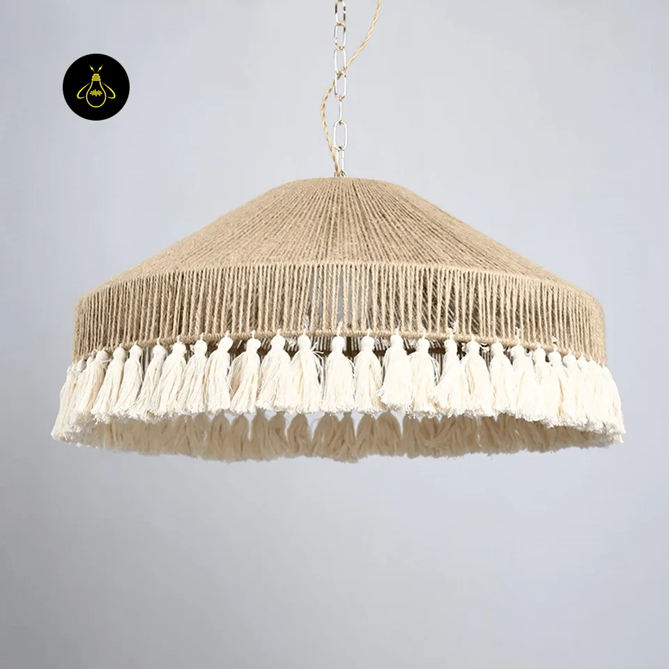 Fringe Pendant Light | 80 cm Handwoven Hemp Rope & Tassel Boho Pendant 2 Hemp rope fringe pendant light side profile with cotton tassel trim for living rooms