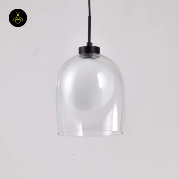 Glass hanging lamp switched off: clear borosilicate glass bell, white opal globe and matte black stainless steel cap