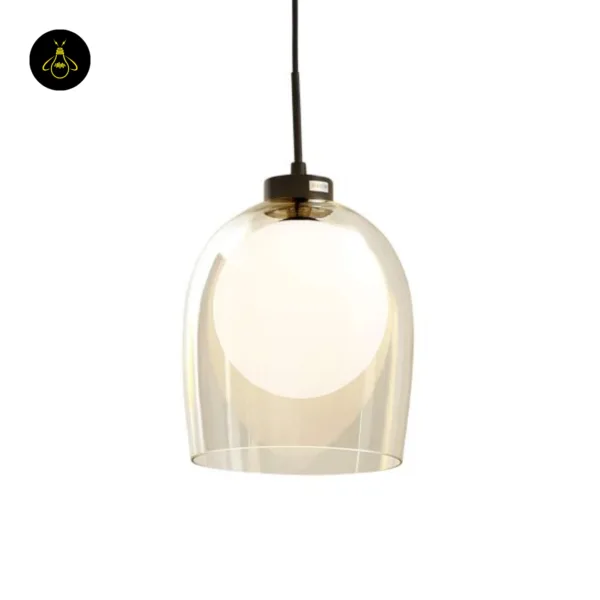 Glass hanging lamp Calypso, front view: clear borosilicate glass bell around an opal glass globe with a matte black cap