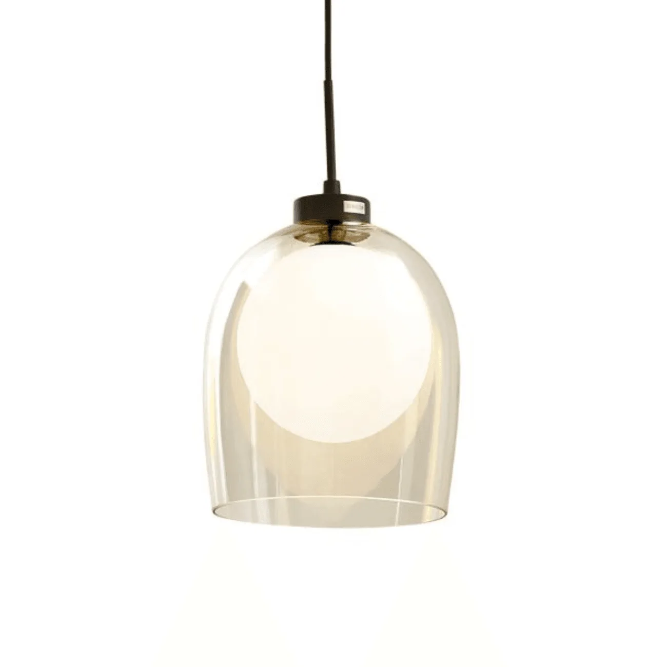 Glass hanging lamp Calypso, front view: clear borosilicate glass bell around an opal glass globe with a matte black cap