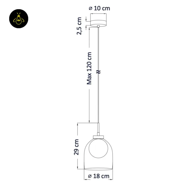 Calypso glass hanging lamp size diagram: shade 18 cm wide and 29 cm tall, canopy 10 cm, cord up to 120 cm