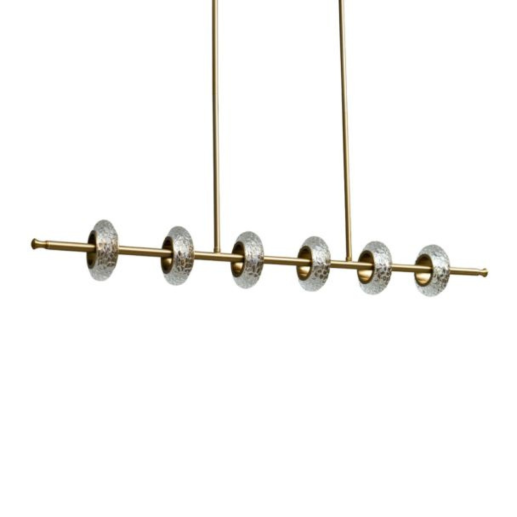Glass ring pendant light with six clear glass rings on a gold linear bar