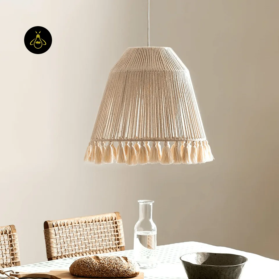 Tassel Pendant Light – Handwoven Hemp Rope Bell Shade, 41 cm 4 Natural beige hemp rope tassel pendant light, unlit, showing the tapered bell shade
