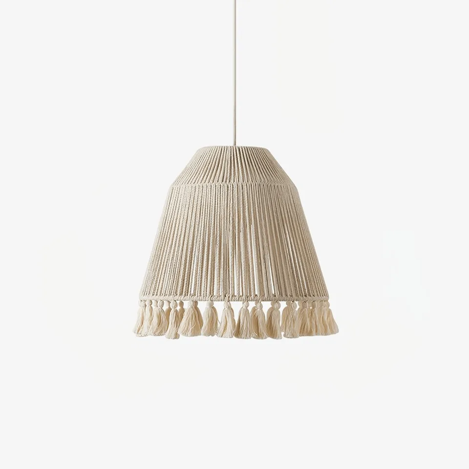 Tassel pendant light with handwoven natural-beige hemp rope bell shade for a dining room