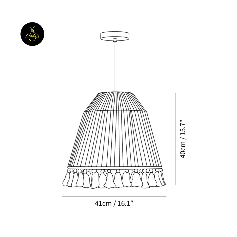 Tassel Pendant Light – Handwoven Hemp Rope Bell Shade, 41 cm 5 Tassel pendant light dimensions diagram — 41 cm wide and 40 cm tall hemp rope bell shade