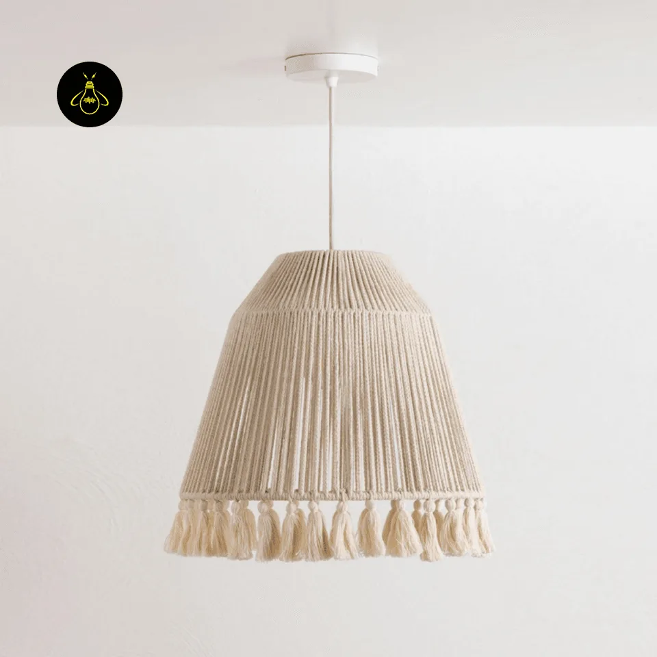 Tassel Pendant Light – Handwoven Hemp Rope Bell Shade, 41 cm 6 Side view of handwoven hemp rope tassel pendant light with natural beige fringe