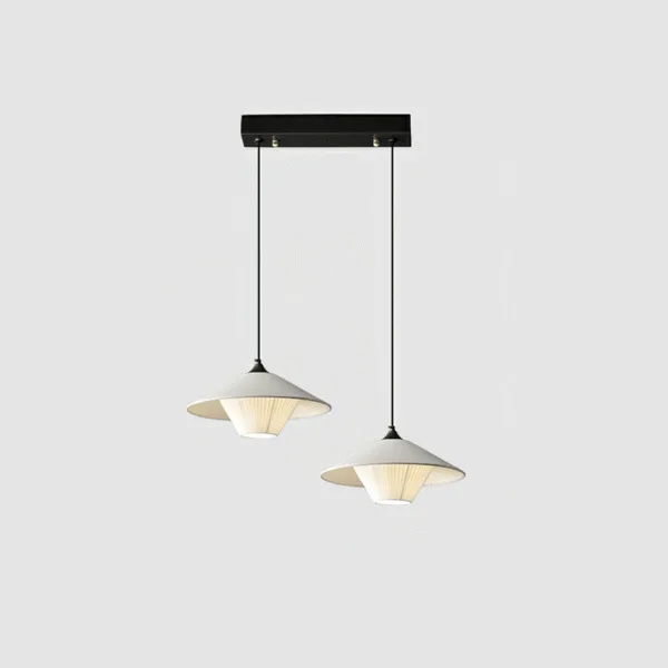 Double head gray conical kitchen island pendant light, two cones hanging from a black ceiling bar