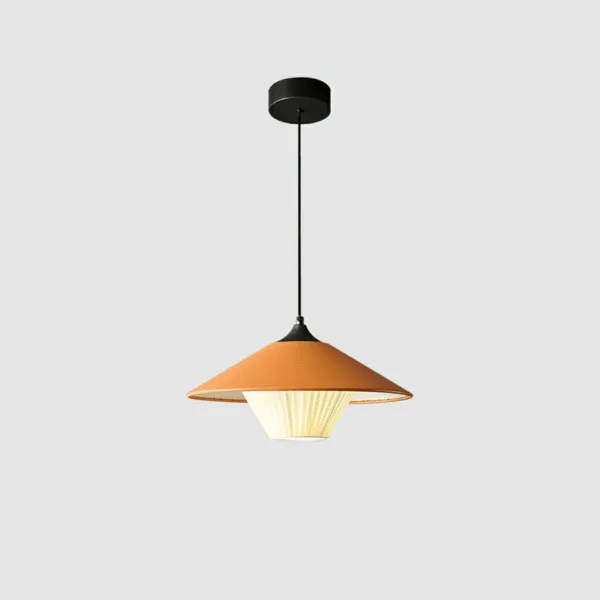 Orange conical kitchen island pendant light, single head on a round black canopy, with fabric diffuser