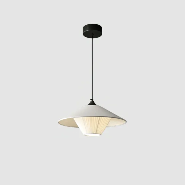 Gray conical kitchen island pendant light, single head on a round black canopy, pleated fabric diffuser below