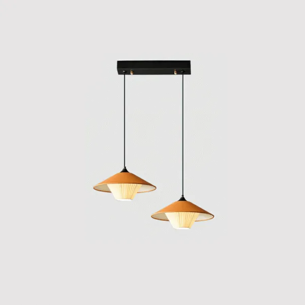 Double head orange conical kitchen island pendant light, two cones hanging from a black ceiling bar