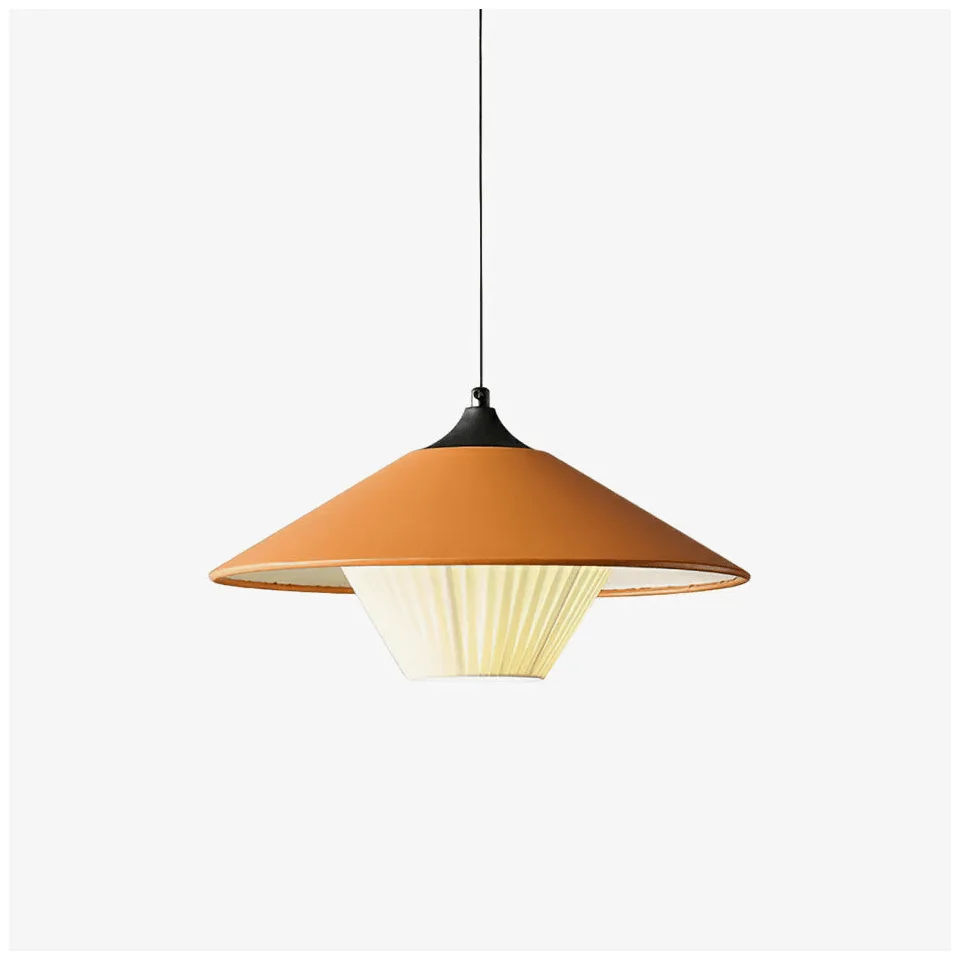 Conical metal & fabric pendant light lit, front view – Jagmag Abu
