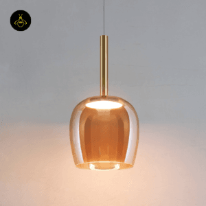Amber glass bell pendant – front detail of brass-finish fitting