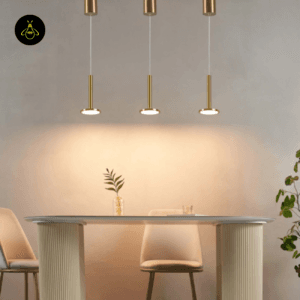 Amber glass bell pendant above dining table with warm glow
