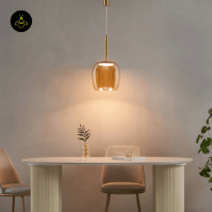 Multiple amber glass bell pendant lights over dining table