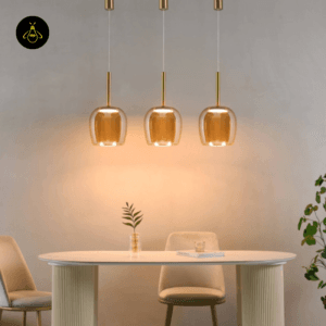 Amber glass bell pendant in a dining room interior