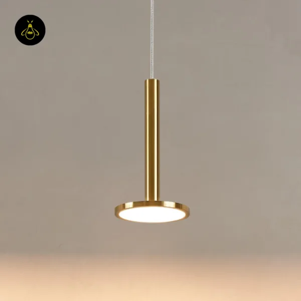 Bell pendant light fitting without its glass: brass-finish stainless steel stem and built-in 3000K LED disc