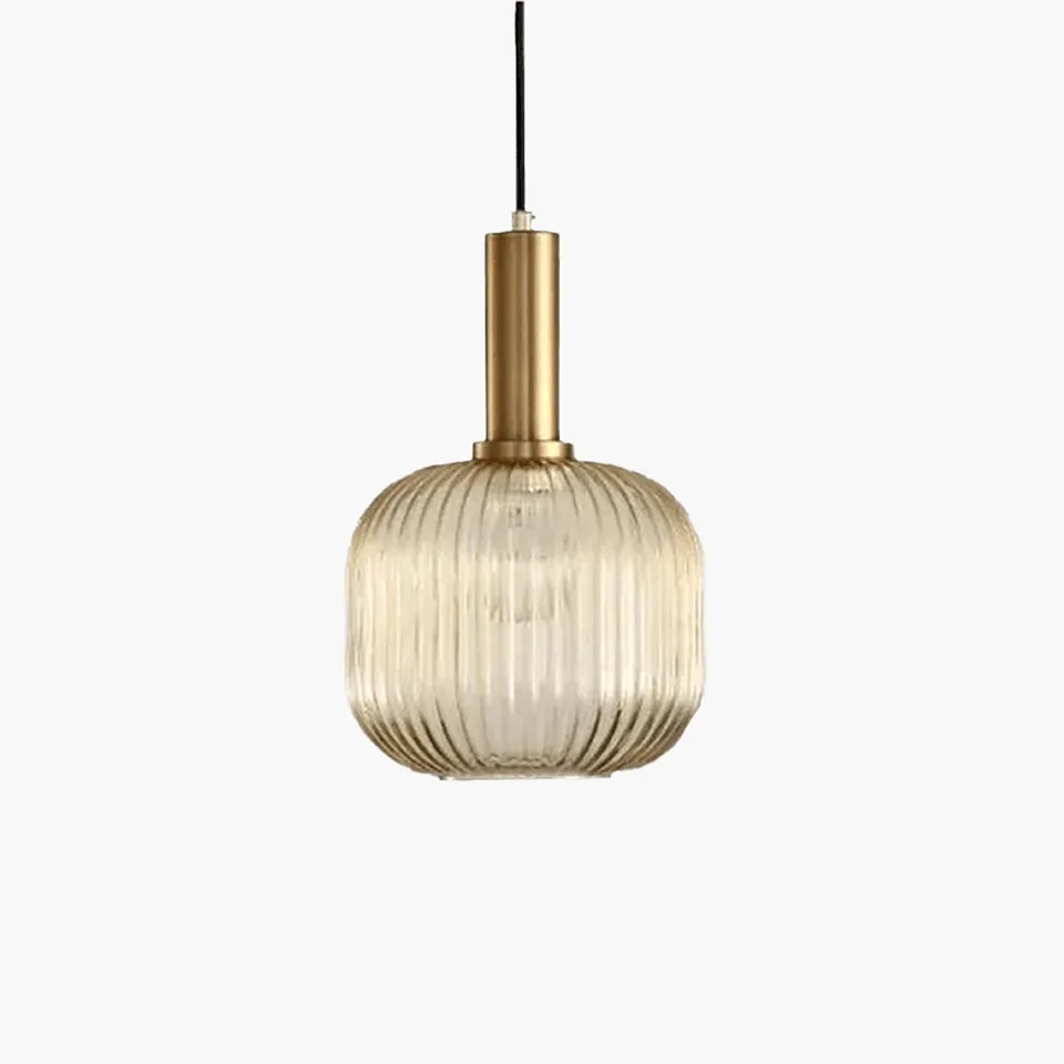 Fluted glass pendant light with ribbed barrel shade and brass-finish holder, front view
