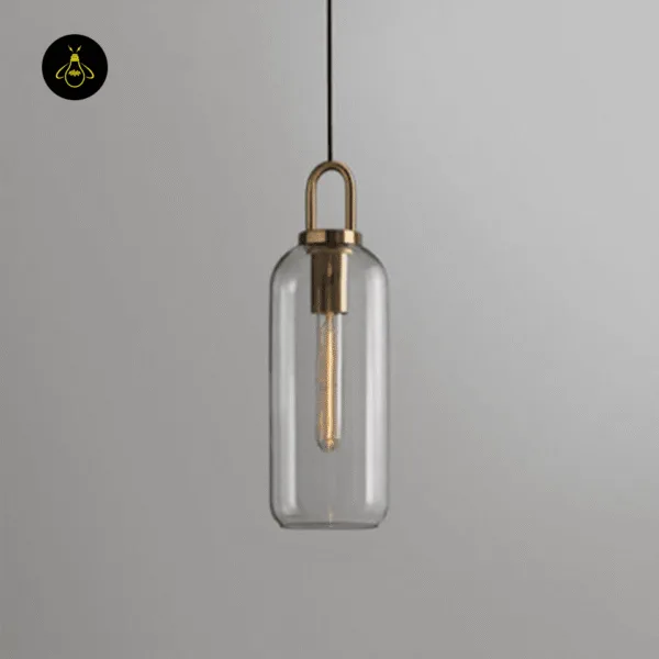 Clear glass pendant light capsule with a brass-finish loop cap and a slim tube bulb inside