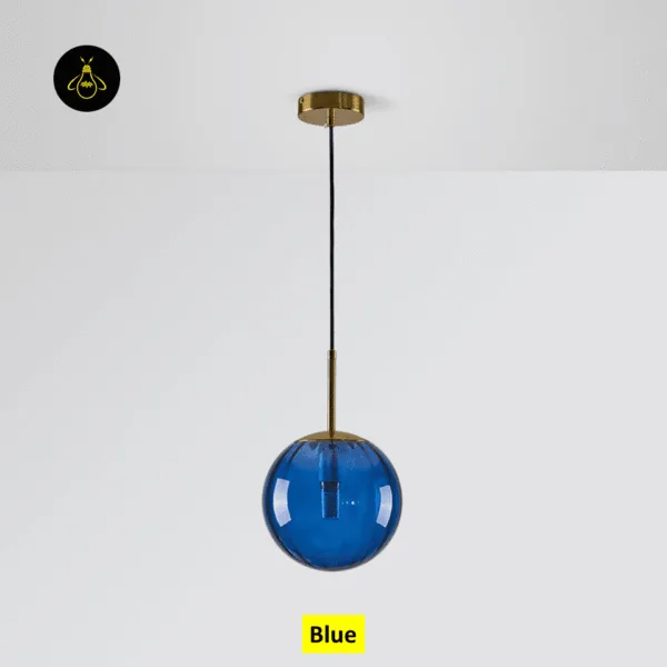 Blue globe hanging light switched off, showing the E14 holder inside the ribbed blue glass