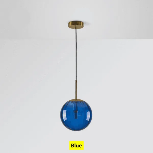 Blue globe hanging light switched off, showing the E14 holder inside the ribbed blue glass