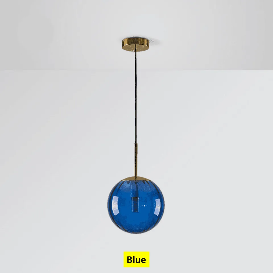 Globe Hanging Light – Ribbed Coloured Glass Ball, 5 Colours 4 Blue globe hanging light switched off, showing the E14 holder inside the ribbed blue glass