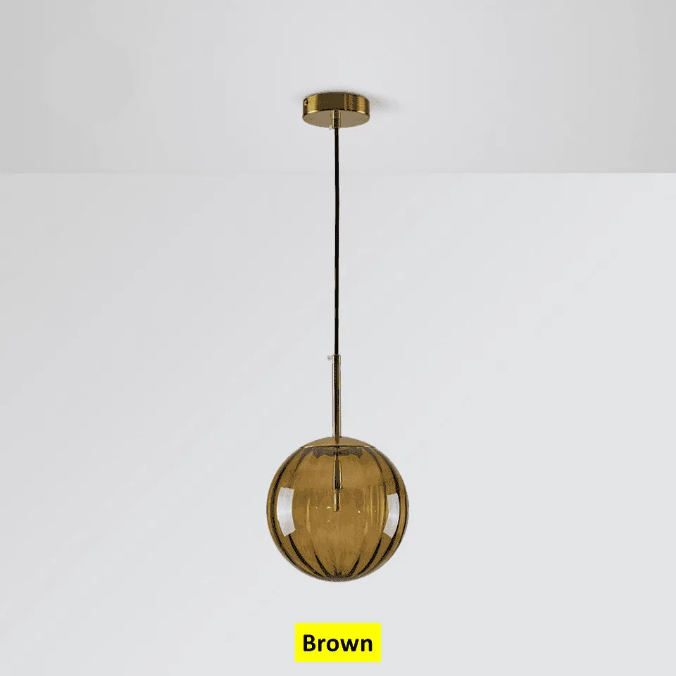 Globe Hanging Light – Ribbed Coloured Glass Ball, 5 Colours 6 Brown globe hanging light switched off, ribbed brown borosilicate glass under a brushed gold canopy