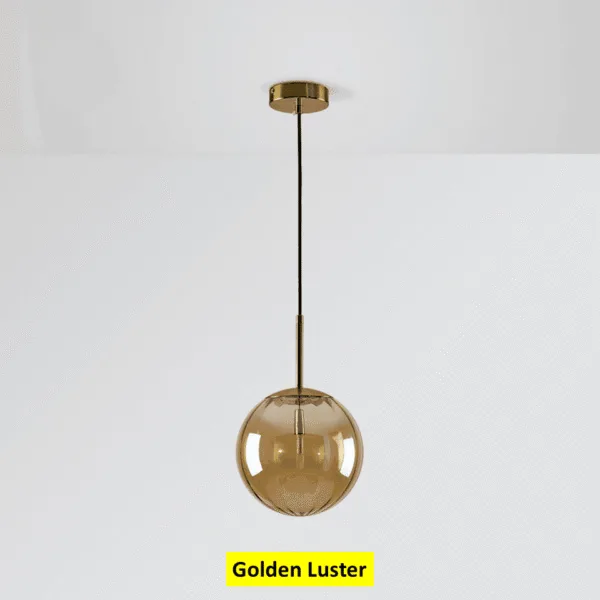 Gold-lustre globe hanging light switched off, ribbed glass ball on a black cord