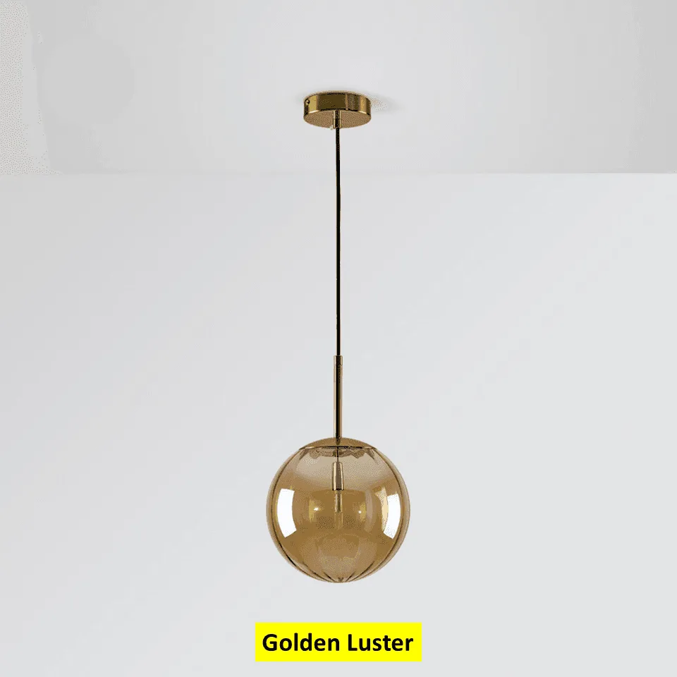 Globe Hanging Light – Ribbed Coloured Glass Ball, 5 Colours 8 Gold-lustre globe hanging light switched off, ribbed glass ball on a black cord