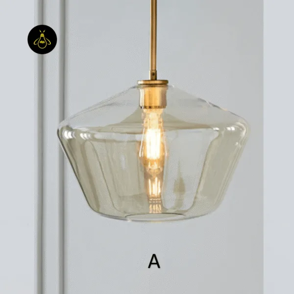 Amber glass pendant light size A, Ø 30 cm wide faceted shade lit with a filament bulb