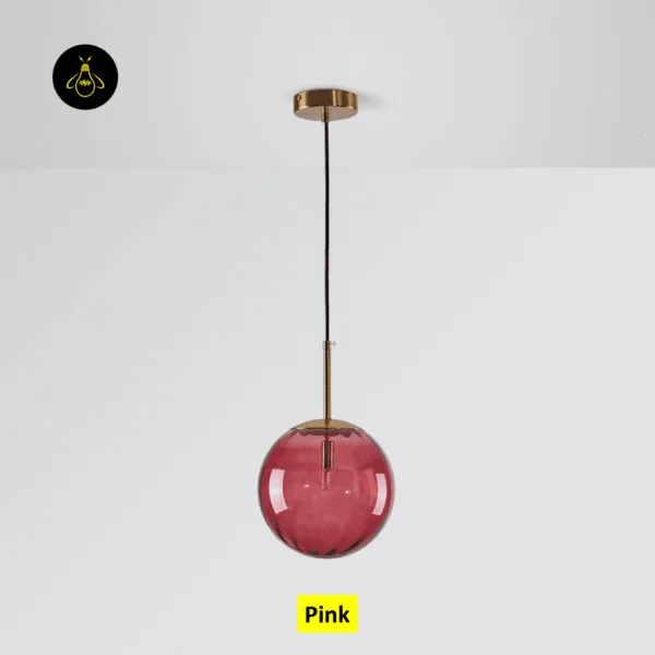 Pink globe hanging light switched off, ribbed pink borosilicate glass under the ceiling canopy