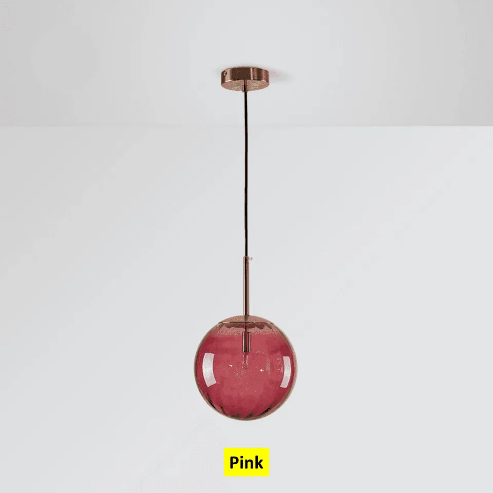 Globe Hanging Light – Ribbed Coloured Glass Ball, 5 Colours 11 Pink globe hanging light switched off, ribbed pink borosilicate glass under the ceiling canopy