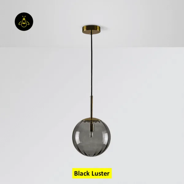 Smoked globe hanging light switched off, ribbed smoked borosilicate glass on a black cord