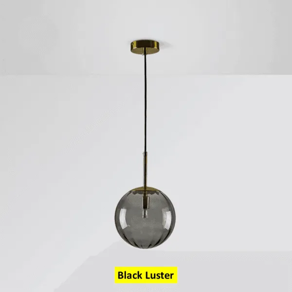 Smoked globe hanging light switched off, ribbed smoked borosilicate glass on a black cord