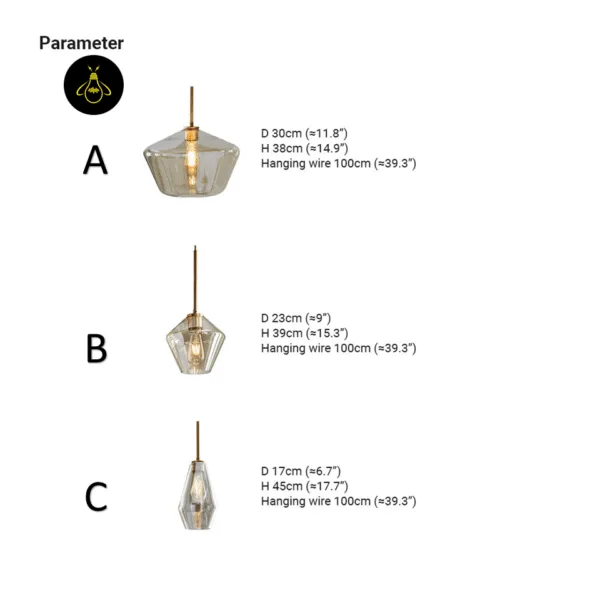 Amber glass pendant light dimension drawing: sizes A, B and C, Ø 30, 23 and 17 cm, H 38, 39 and 45 cm, 100 cm hanging wire