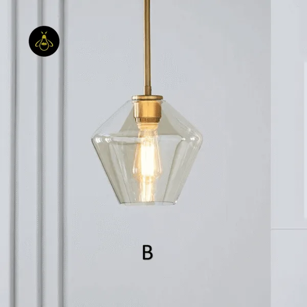 Amber glass pendant light size B, Ø 23 cm diamond-cut shade lit, brass-finish holder