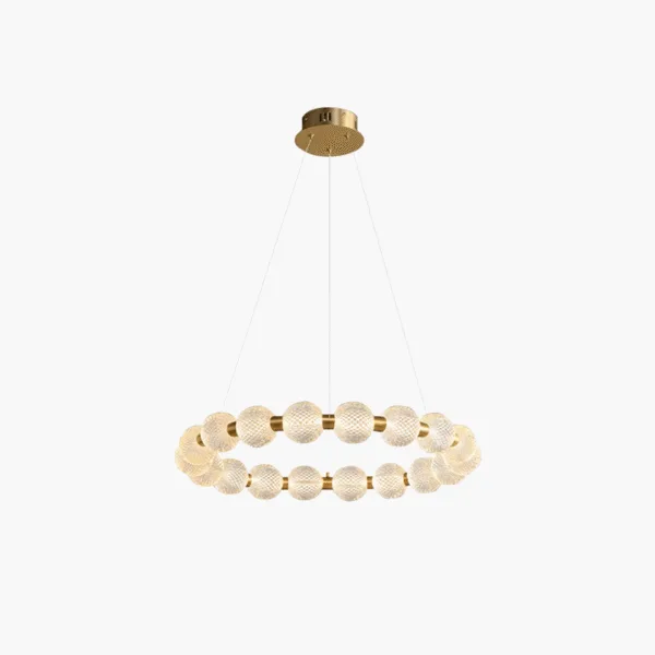 Beaded ring chandelier with opal borosilicate glass globes on a brushed-gold frame, front view