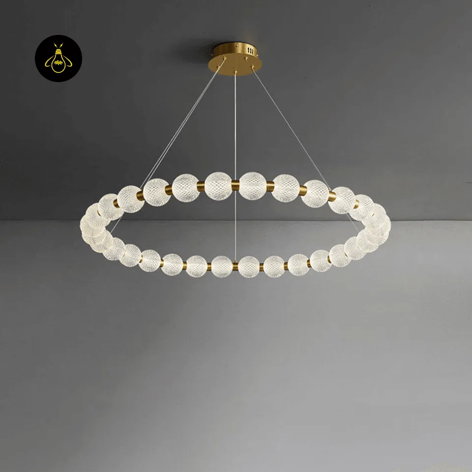 Beaded Ring Chandelier – Frosted Glass Globe LED Ring (62–102 cm) 5 Lit beaded ring chandelier showing the warm glow from its frosted glass globes