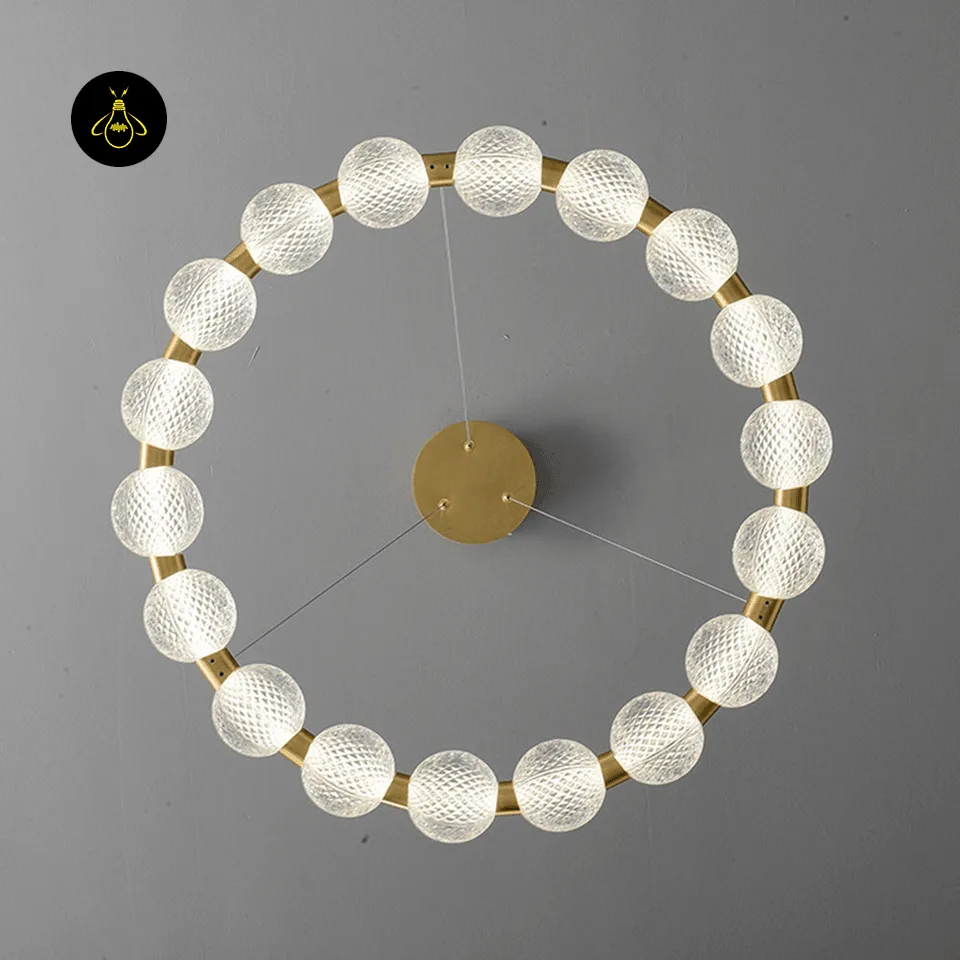 Beaded Ring Chandelier – Frosted Glass Globe LED Ring (62–102 cm) 6 Beaded ring chandelier side view showing the 8 cm ring depth and clear hanging wires