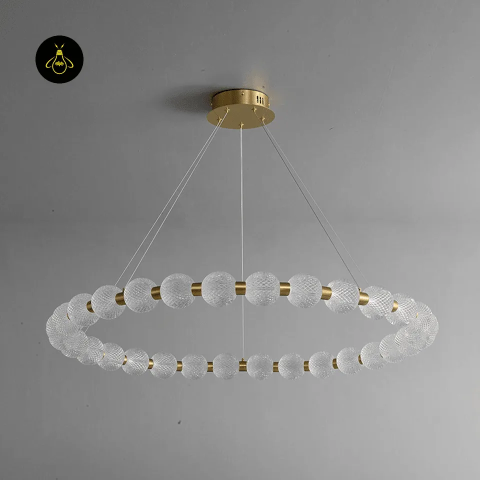 Beaded Ring Chandelier – Frosted Glass Globe LED Ring (62–102 cm) 2 Frosted glass globe beads of the beaded ring chandelier, unlit close-up detail