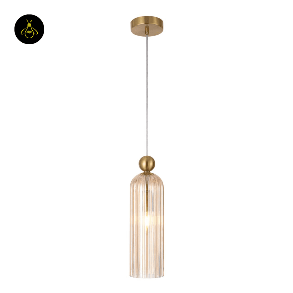 Leonora amber fluted glass pendant light – gold-plated finish detail view