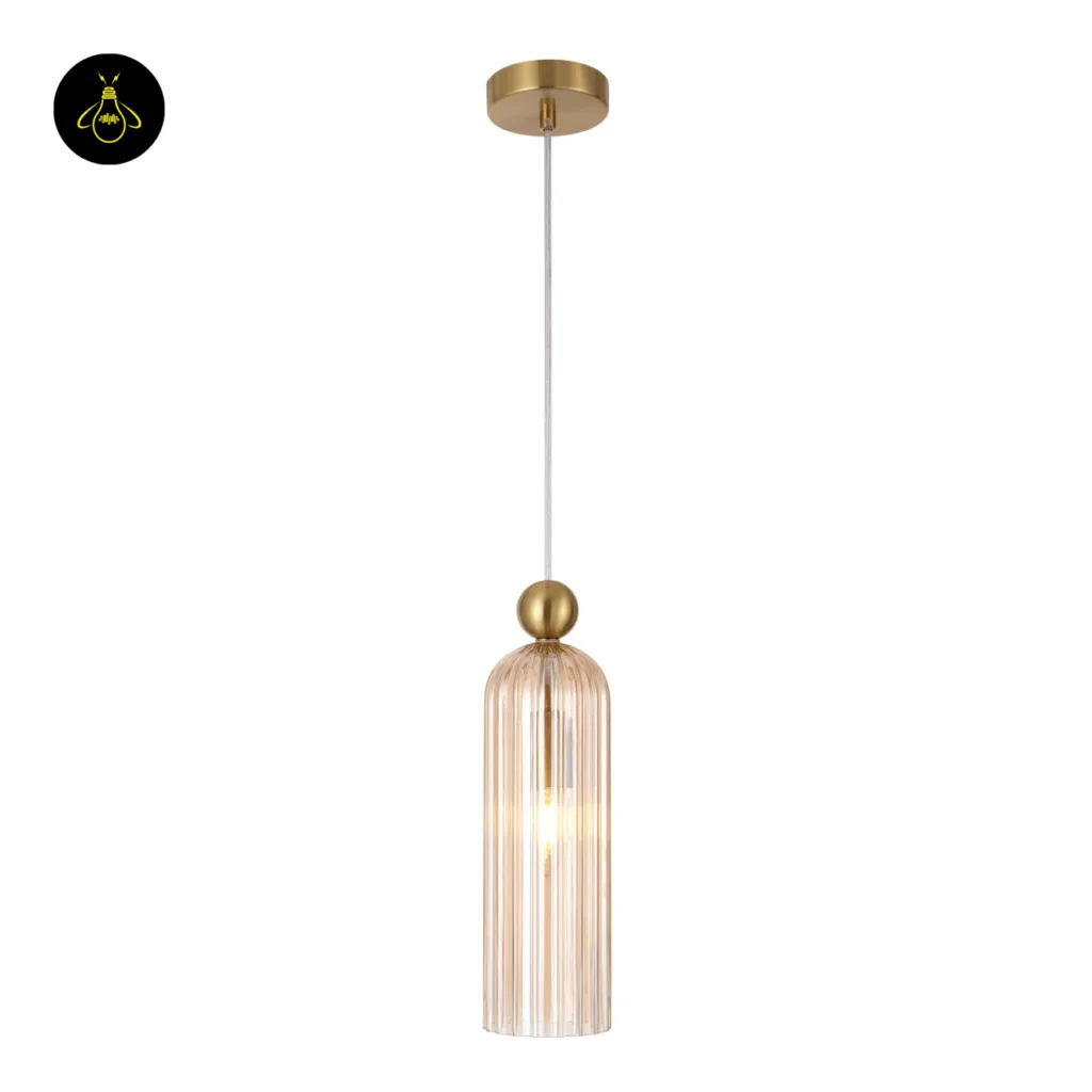 Leonora amber fluted glass pendant light – gold-plated finish detail view